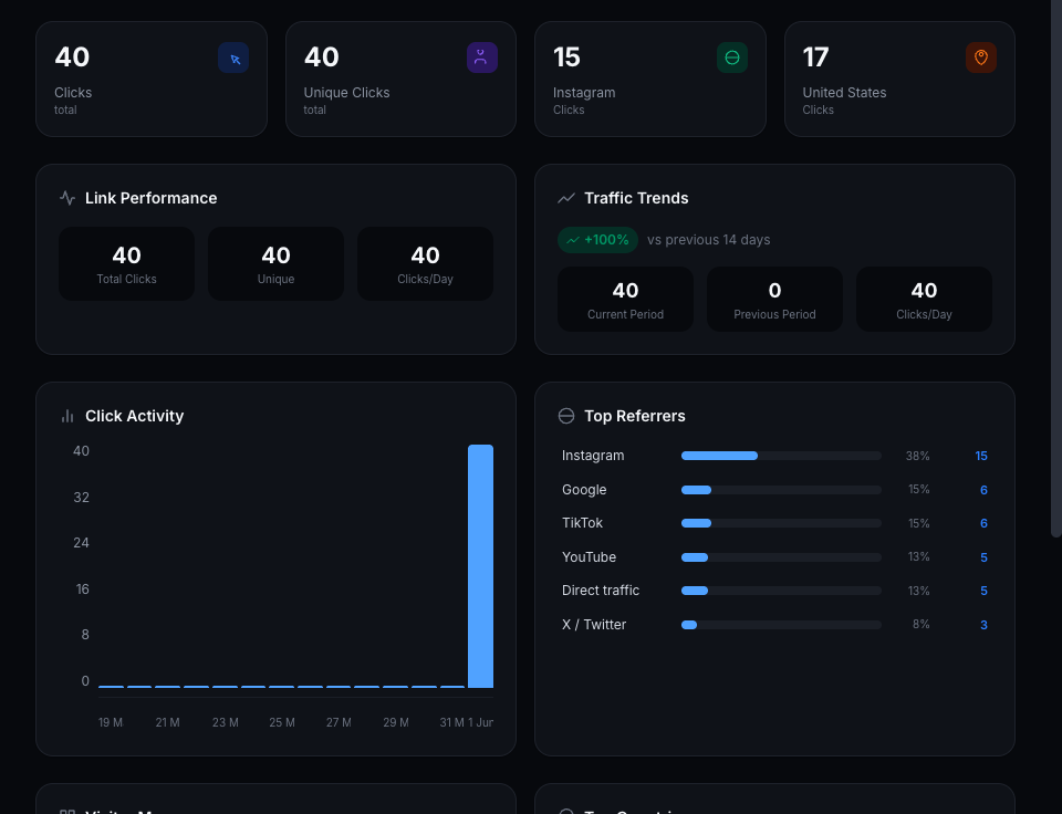 ForceLink link analytics showing clicks, top referrers, top countries, and a visitor map