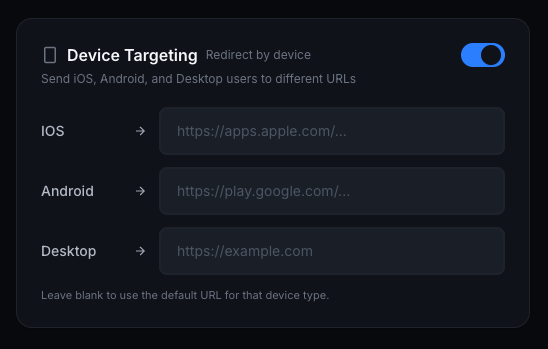 ForceLink device targeting settings sending iOS users to the App Store and Android users to Google Play