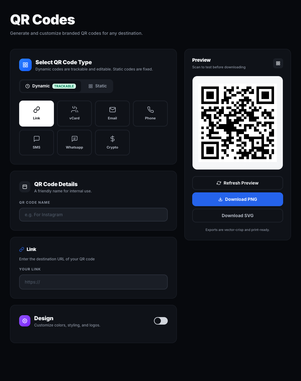 The ForceLink QR code generator with a live preview and PNG and SVG downloads